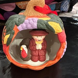 4 Thanksgiving Pumpkin Ceramic Figurine/Ornament with Pilgrim boy and Turkey